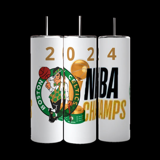 Three white Boston Celtics 2024 Champs Custom 20oz Tumblers by Kreative Kreationz are displayed in a row against a black background. The left tumbler features the Boston Celtics logo, the middle tumbler shows the digits "2024," and the right tumbler has the text "NBA Champs" in bold letters. These personalized tumblers make perfect memorabilia.