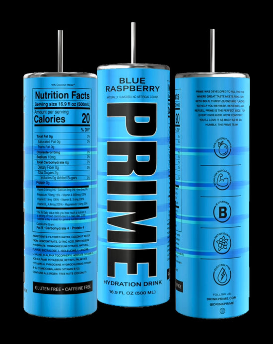 Three blue cans of Prime Hydration Drink in blue raspberry flavor display nutrition facts and branding. These colorful Energy tumblers from Kreative Kreationz feature a durable construction and 20-ounce capacity, highlighting their gluten-free and caffeine-free attributes, complete with metallic straws inserted on top.