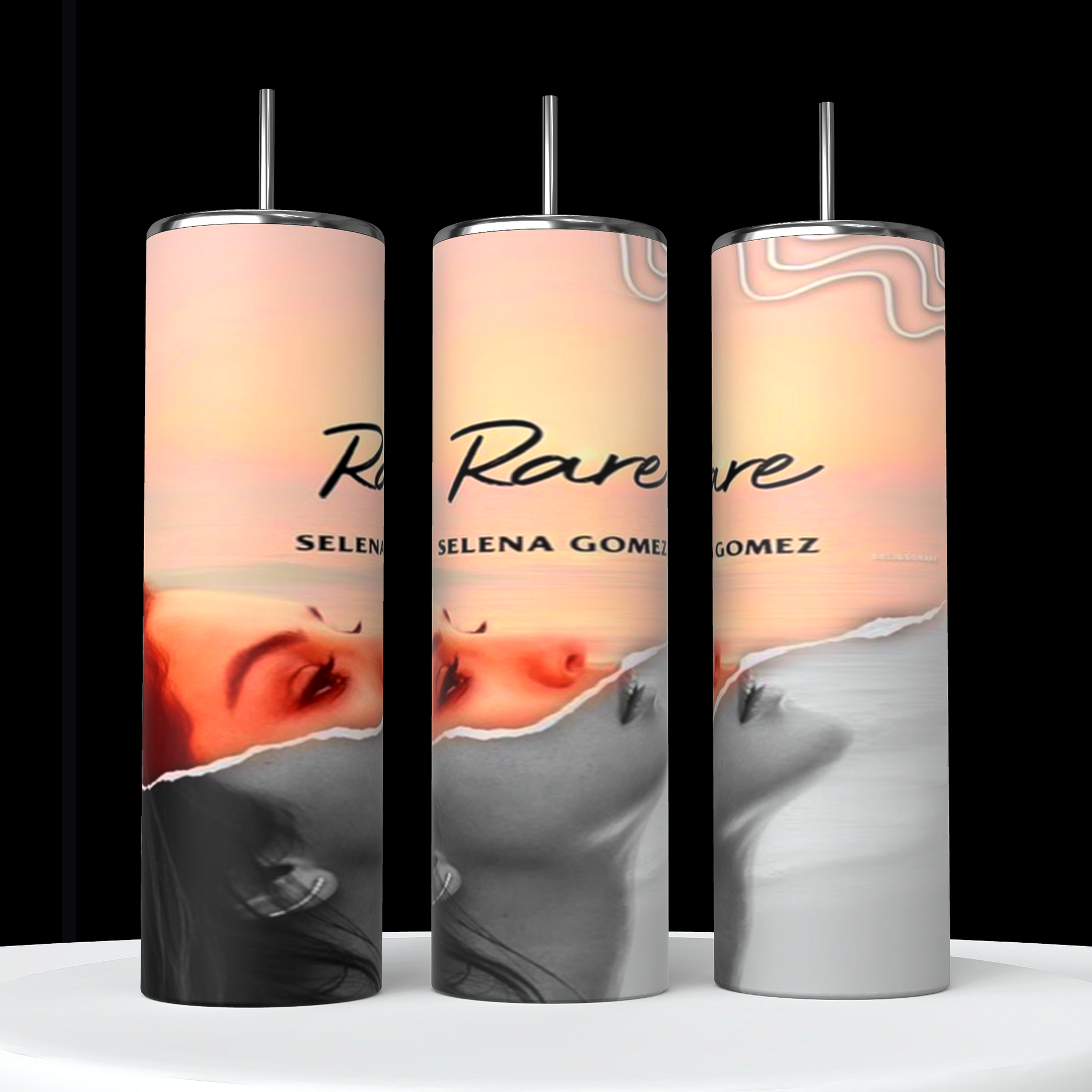 Three tall tumblers are decorated with images of Selena Gomez in different poses; one in a white dress, one with a serious expression, and one in casual attire. The designs, reminiscent of intricate Stanley cups, are embellished with flowers, leaves, hearts, and text like "Rare," "Trust," "same old love,” and "you left me in pieces.