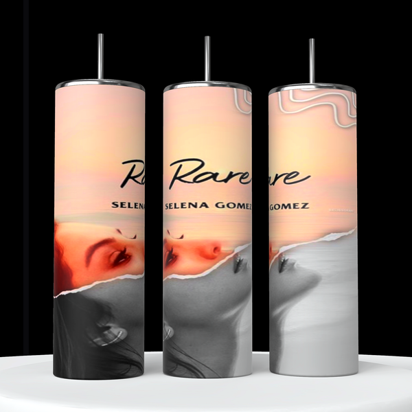 Three tall tumblers are decorated with images of Selena Gomez in different poses; one in a white dress, one with a serious expression, and one in casual attire. The designs, reminiscent of intricate Stanley cups, are embellished with flowers, leaves, hearts, and text like "Rare," "Trust," "same old love,” and "you left me in pieces.