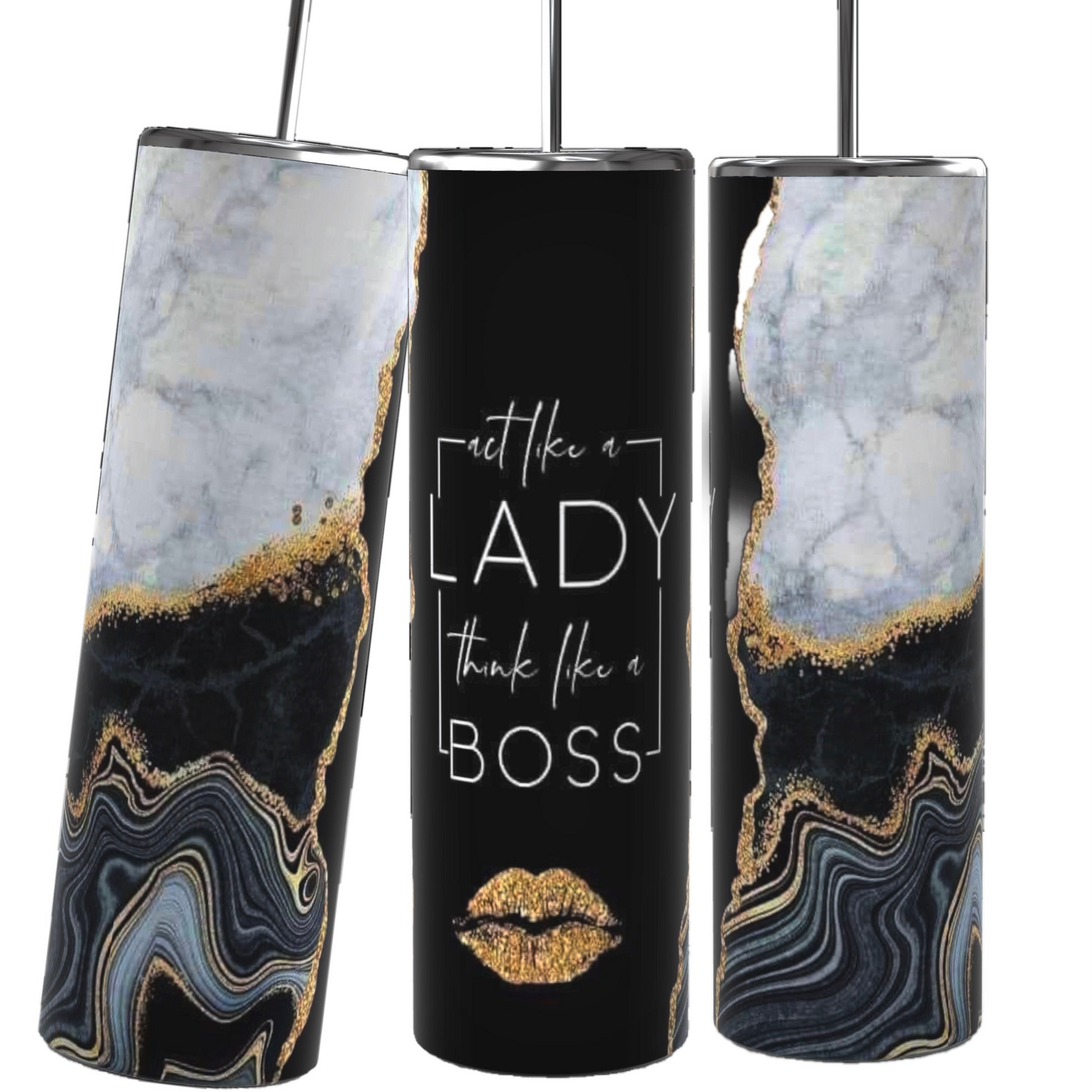 A collage features nine colorful Boss Lady 20oz Tumblers with Reusable Straw and Lid designs with "Boss Lady" and "Lady Boss" themes from Kreative Kreationz. Each personalized tumbler boasts bold, vibrant patterns like leopard prints, pink glitter, and marble textures, all accompanied by empowering text. The background is black with white text labels.