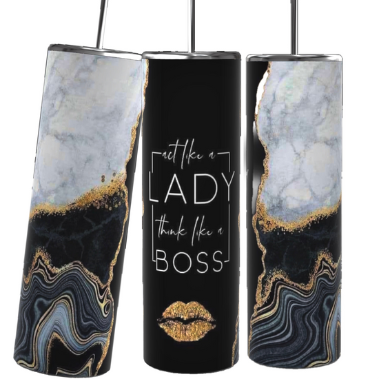 A collage features nine colorful Boss Lady 20oz Tumblers with Reusable Straw and Lid designs with 