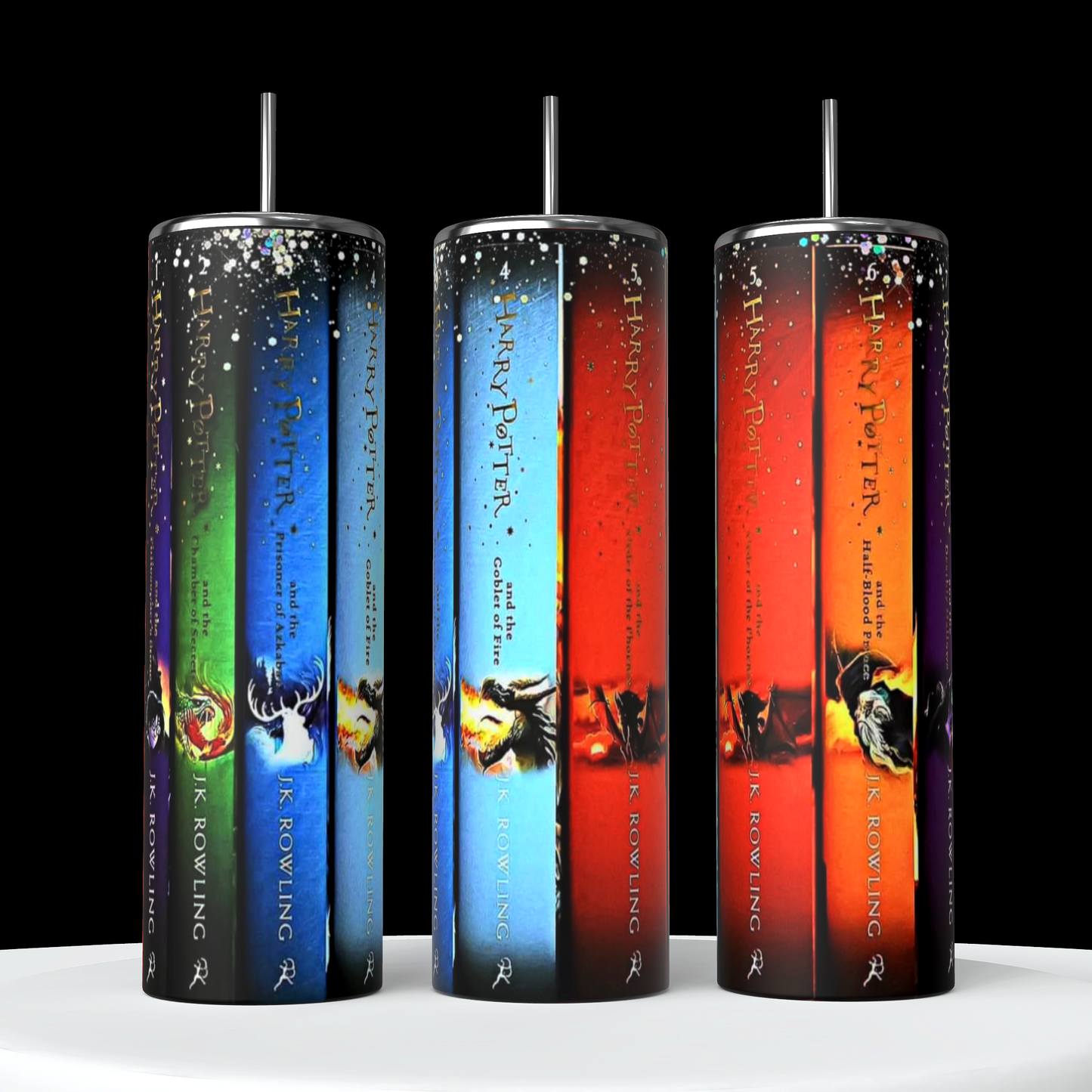 Three cylindrical Harry Potter 20oz tumblers by Kreative Kreationz, each adorned with the iconic book cover spines. These vibrant tumblers feature a spill-proof lid and a reusable straw for added convenience. They are arranged in a row on a white surface, set against a gradient background transitioning from green to blue, orange to blue, and red to blue.