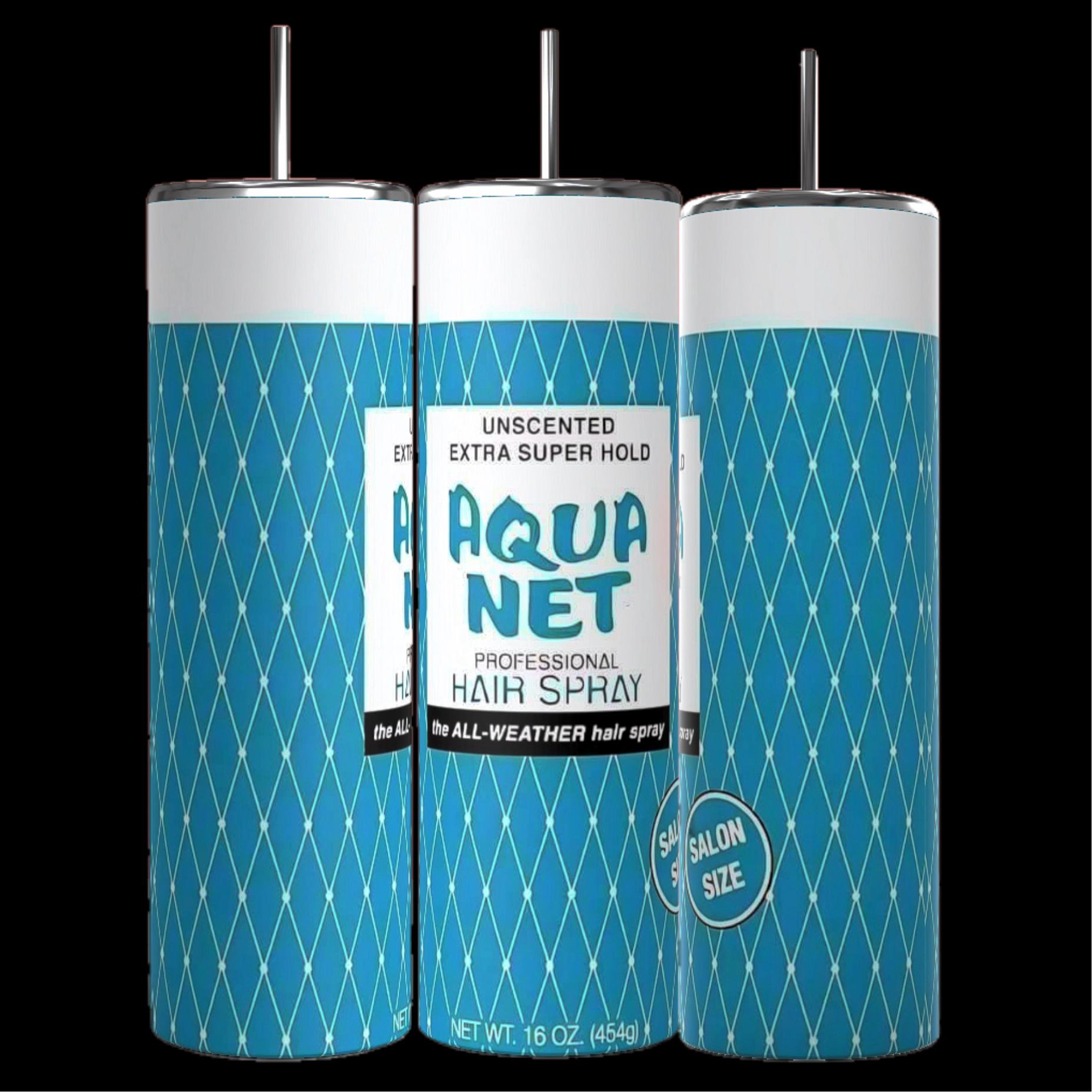 Three 16-ounce cans of Aqua Net Professional Hair Spray are displayed. Each blue can, with its white top and bottom, features a crisscrossed diamond pattern. The label reads “Unscented Extra Super Hold” and “the All-Weather Hair Spray”—perfect for pairing with your Aqua Net Teal 20oz Tumbler by Kreative Kreationz.