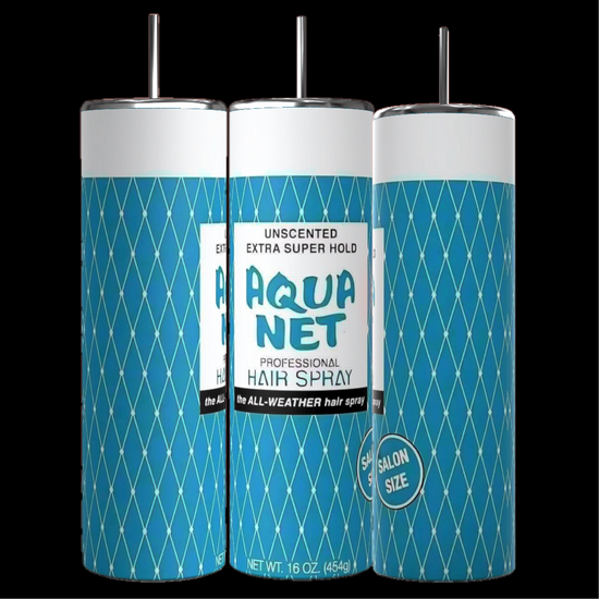 Three 16-ounce cans of Aqua Net Professional Hair Spray are displayed. Each blue can, with its white top and bottom, features a crisscrossed diamond pattern. The label reads “Unscented Extra Super Hold” and “the All-Weather Hair Spray”—perfect for pairing with your Aqua Net Teal 20oz Tumbler by Kreative Kreationz.