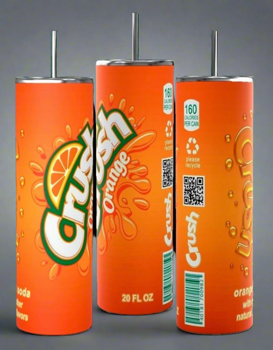 Three 20 fl oz cans of Crush Orange soda are shown against a gray background. The cans are bright orange with the Crush logo and an image of an orange slice. They also display nutritional information stating 160 calories per can, perfect for filling your Kreative Kreationz Crush Orange Soda 20oz Skinny Tumbler with its spill-proof lid.