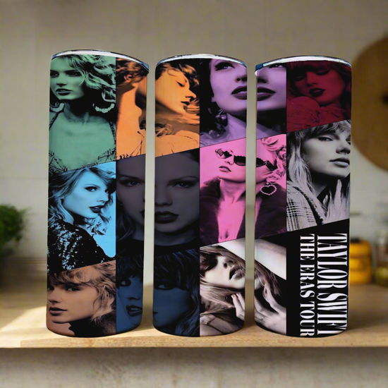 The Taylor Swift ERAS 20oz tumblers by Kreative Kreationz feature vibrant portraits of Taylor Swift in various styles with bold text stating 