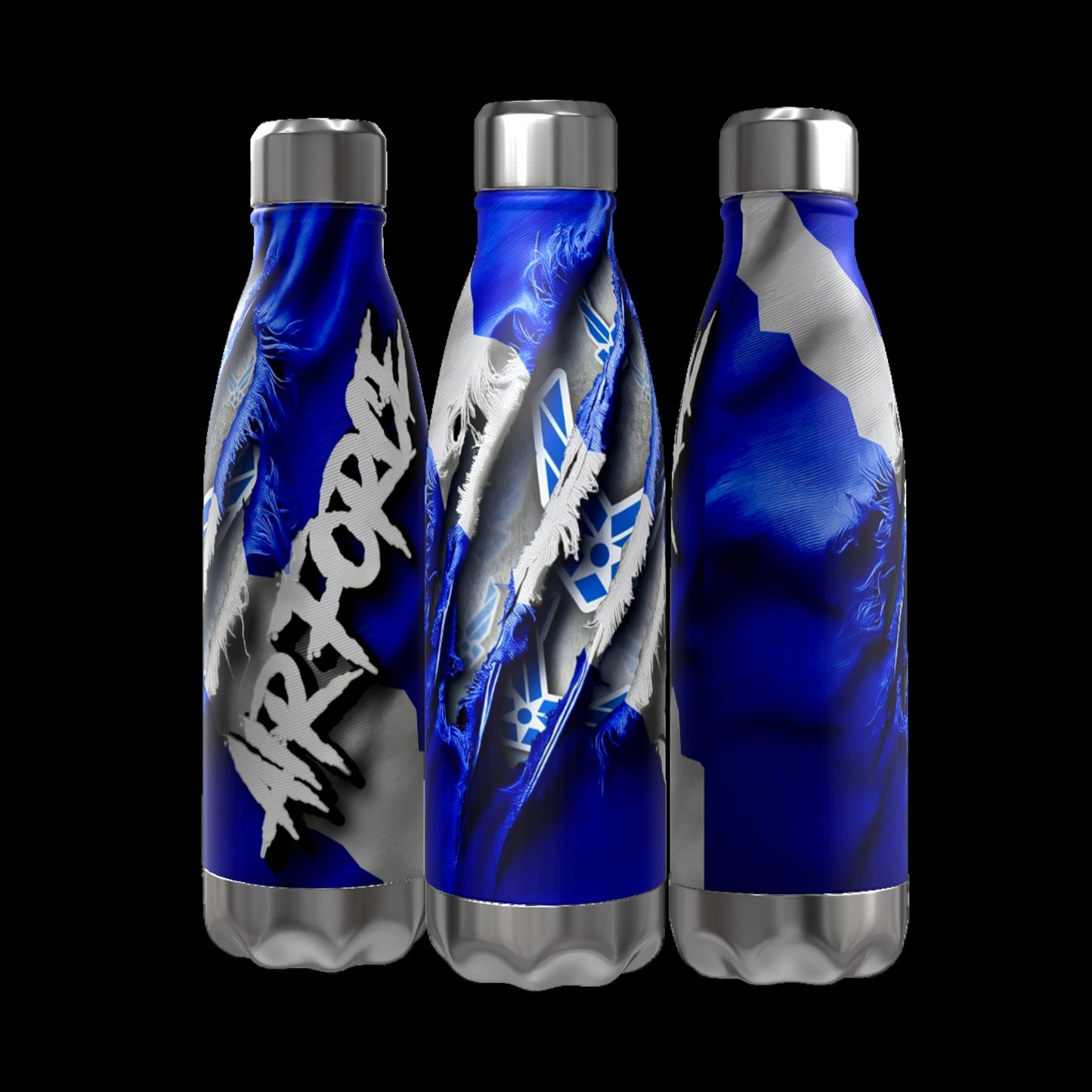 Three aluminum water bottles from Kreative Kreationz, each with a blue, black, and white abstract design. The middle bottle, from the Military Series 16 oz Aluminum Waterbottle line, has "SPACE FORCE" boldly printed in white letters. The design showcases star patterns and wave-like forms on a black background.