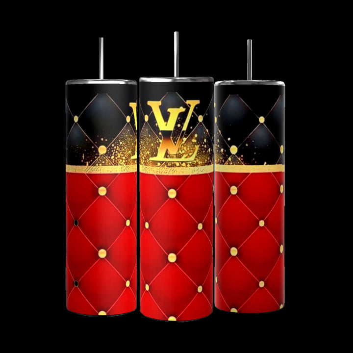 The LV Red Designer 20oz Tumblers by Kreative Kreationz are a set of three sleek tumblers featuring black tops and straws. These luxurious tumblers showcase an elegant design with the upper part adorned in black with golden sparkles and the lower part in red with a tufted pattern, while one tumbler prominently displays an LV logo in gold, emphasizing its durable construction.