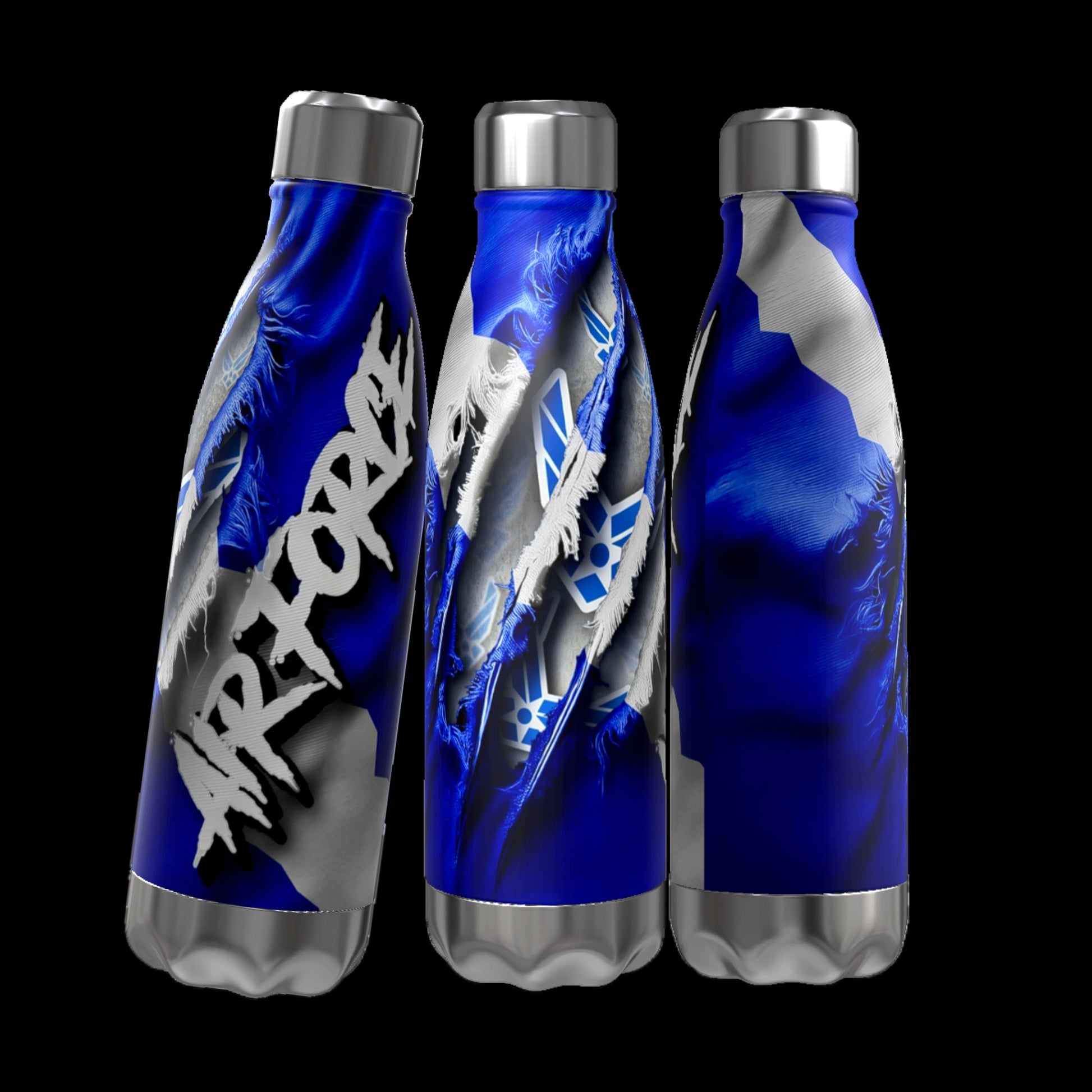 Three Military Series 16 oz Aluminum Waterbottles by Kreative Kreationz, featuring a blue and white space-themed design with the text "SPACE FORCE" prominently displayed. These durable sports bottles are arranged in a row against a black background, showcasing the design from different angles.