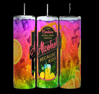 Three vibrant tumblers showcase images of citrus fruits and ice cubes. The center tumbler, from Kreative Kreationz's Because I Have Kids Spray 20oz Tumbler collection, humorously declares, 