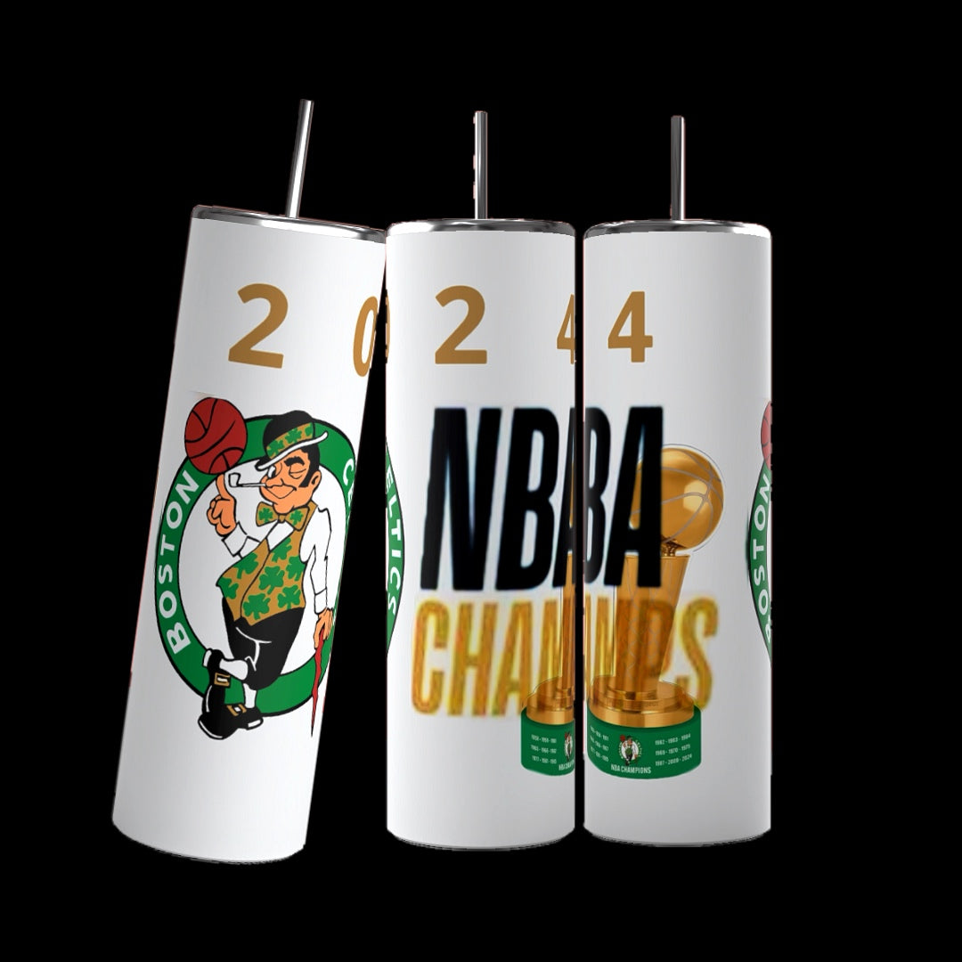 Three white Boston Celtics 2024 Champs Custom 20oz Tumblers by Kreative Kreationz are displayed in a row against a black background. The left tumbler features the Boston Celtics logo, the middle tumbler shows the digits "2024," and the right tumbler has the text "NBA Champs" in bold letters. These personalized tumblers make perfect memorabilia.