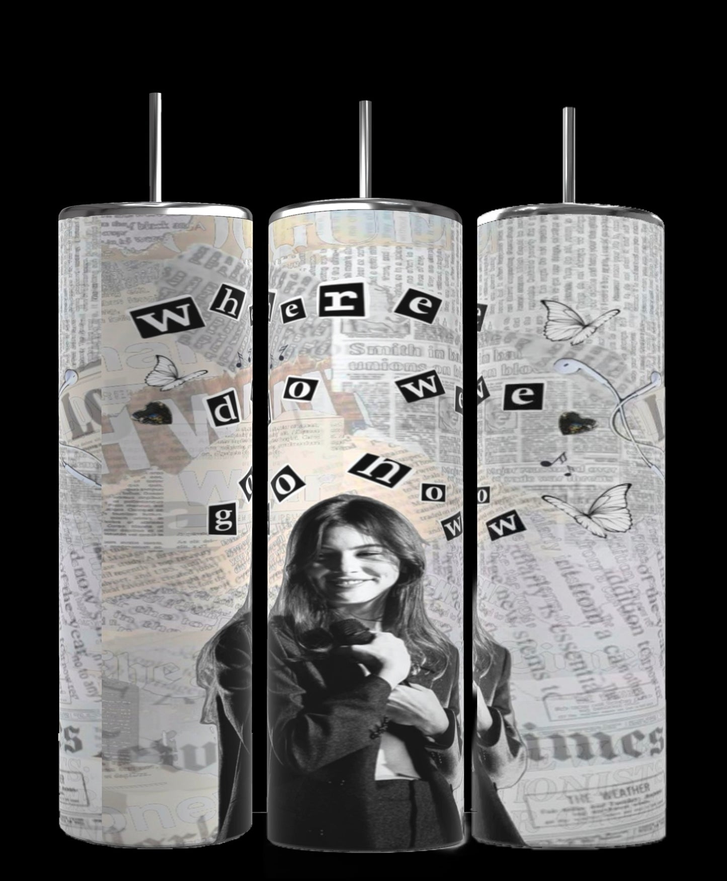 Three tall tumblers are shown against a gray backdrop. Each 20 oz capacity Gracie Abrams NY Times Music Skinny Tumbler by Kreative Kreationz is decorated with black-and-white images of a smiling woman, newspaper clippings, and scattered butterfly illustrations. The words "where do we go now" are arranged across the sublimated tumblers.