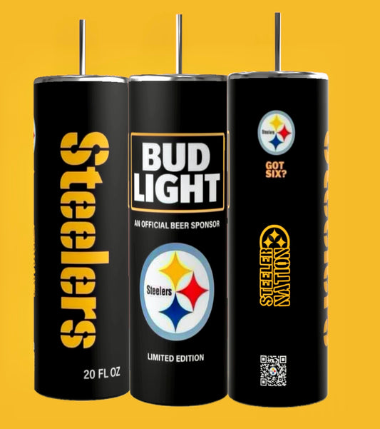 Three black cans with "Steelers" and "Bud Light" branding, center saying "Limited Edition" with NFL logo. Right can says "Got Six?" and "Steeler Nation," all on a yellow background, akin to the Pittsburgh Steelers 20oz Skinny Tumbler by Kreative Kreationz for fans.