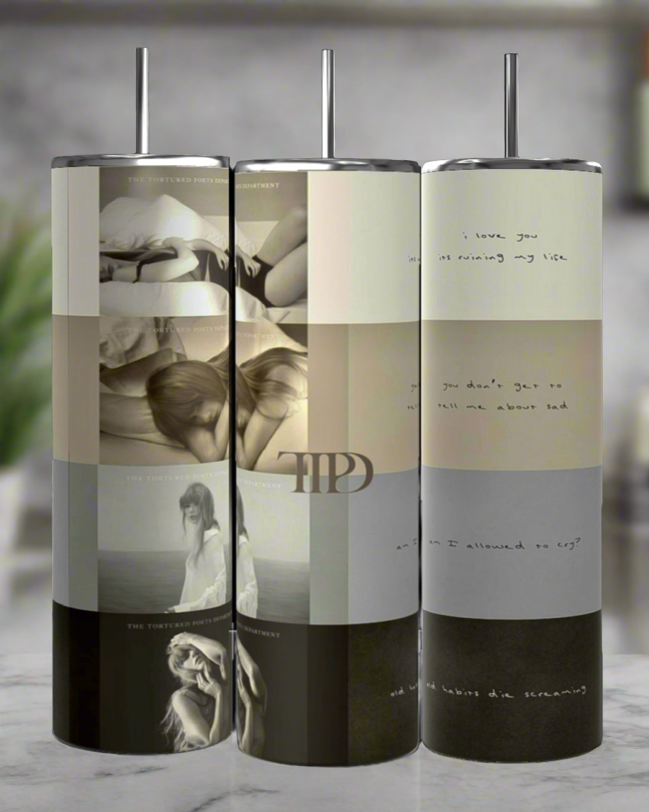 A set of three Kreative Kreationz Taylor Swift -TTPD Anesthetic 20oz Skinny Tumblers with Lids and Reusable Straws is arranged side by side, showcasing minimalist monochrome designs. Each tumbler features a collage of grayscale photos and handwritten text snippets like "I love you but it's ruining my life" and "Am I not allowed to cry?", complete with a spill-proof lid.