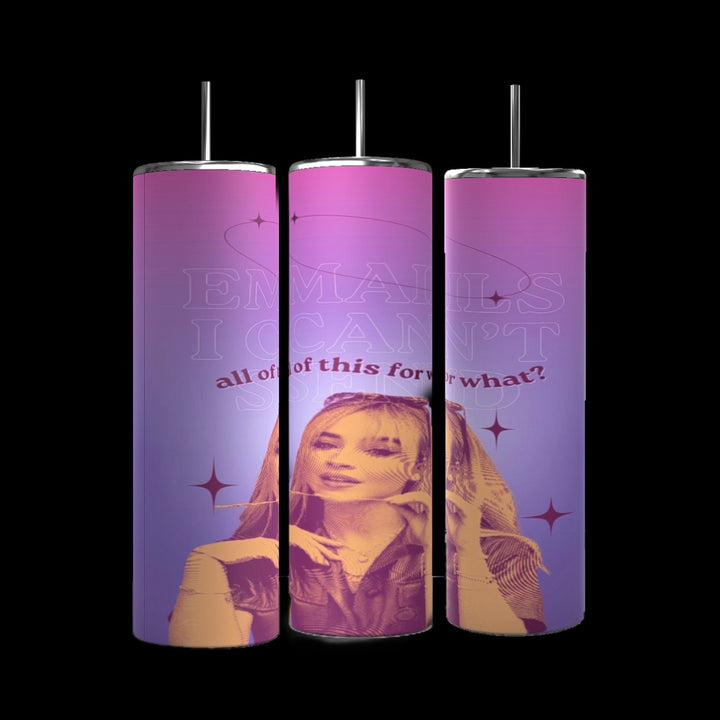 The Kreative Kreationz Sabrina Carpenter 20oz tumblers feature thin, cylindrical drinkware adorned with images of a woman in various poses, album covers, and artistic designs. The text "Sabrina Carpenter Collection" is elegantly written at the bottom center. These tumblers are specifically designed to keep beverages hot or cold for hours.