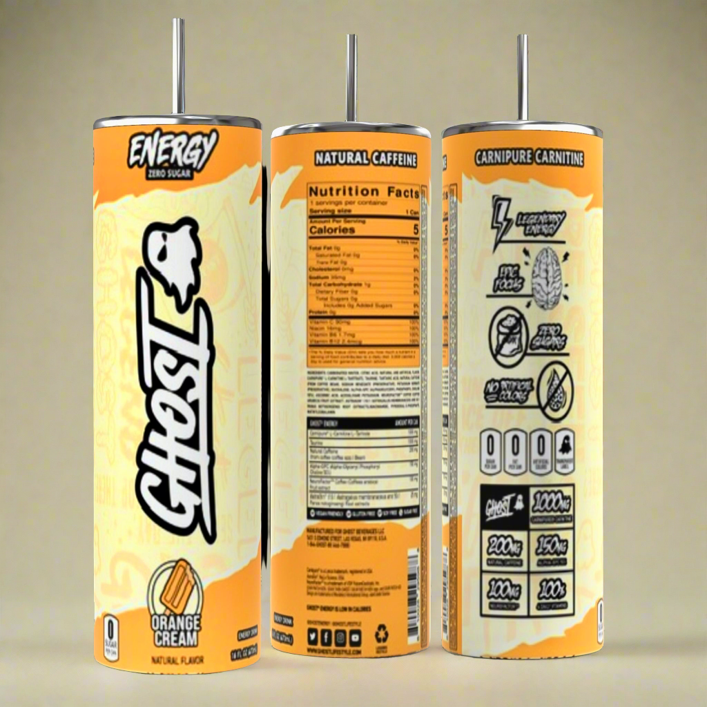 Three cans of Ghost energy drink are displayed alongside the stylish GHOST 20oz Skinny Tumbler with a reusable straw by Kreative Kreationz, perfect for keeping beverages hot or cold. The predominantly yellow cans with red accents feature the "Sour Patch Redberry" flavor. Natural caffeine, zero sugar, and supplement facts are highlighted.