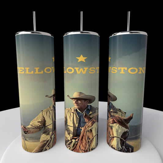 Three tall stainless steel tumblers from Kreative Kreationz feature a cowboy design against a black background. The central 20oz Yellowstone tumbler depicts a cowboy on horseback with a hat, the word "Yellowstone," and a star above.