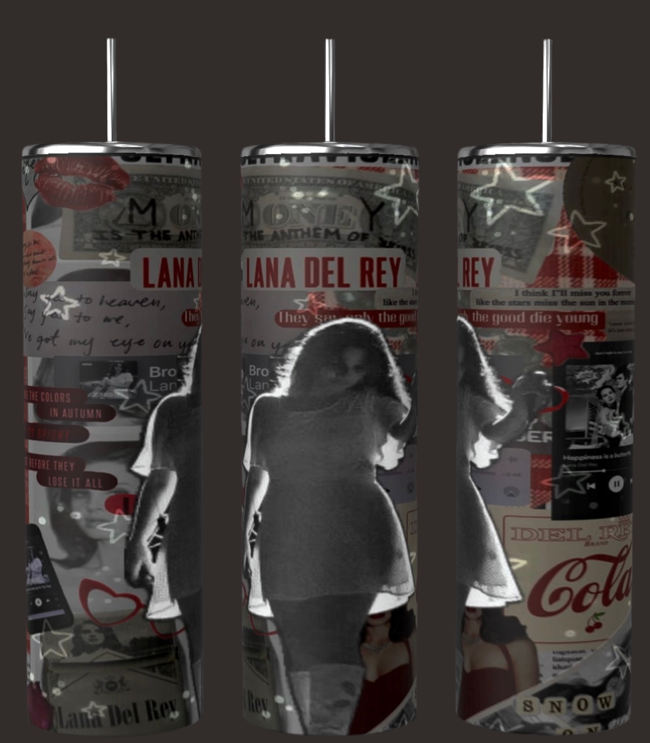 A set of three 20 oz Lana Del Ray Glow Tumblers by Kreative Kreationz, adorned with a retro-themed collage featuring red and white elements, stars, and female silhouettes. These tall, cylindrical sublimated tumblers include straws and are perfect for Lana Del Rey fans.