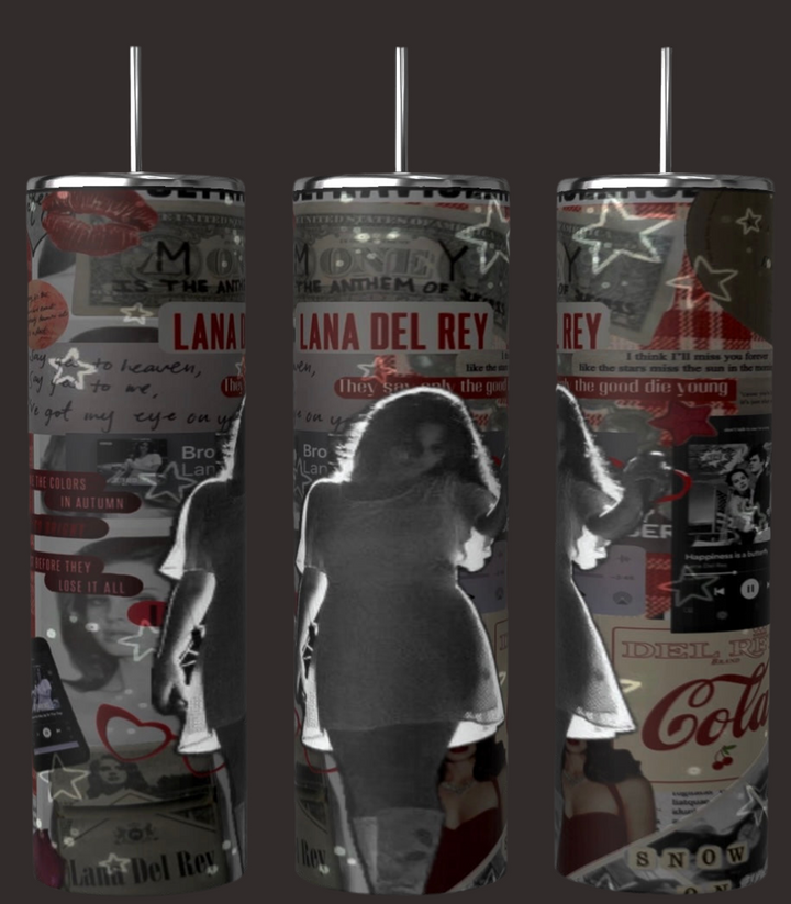 A set of three 20 oz Lana Del Ray Glow Tumblers by Kreative Kreationz, adorned with a retro-themed collage featuring red and white elements, stars, and female silhouettes. These tall, cylindrical sublimated tumblers include straws and are perfect for Lana Del Rey fans.