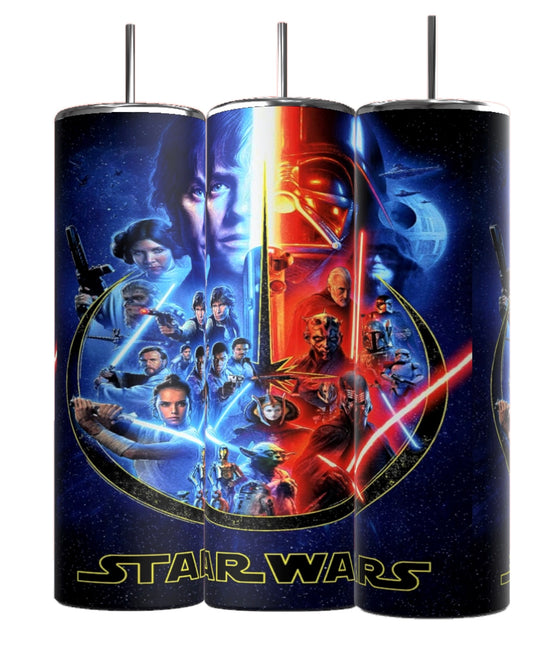 Three Star Wars 20oz tumblers by Kreative Kreationz come with spill-proof lids and reusable straws. They showcase a vivid collage of characters, spaceships, and lightsabers on a starry backdrop and display the iconic Star Wars logo in yellow at the bottom.