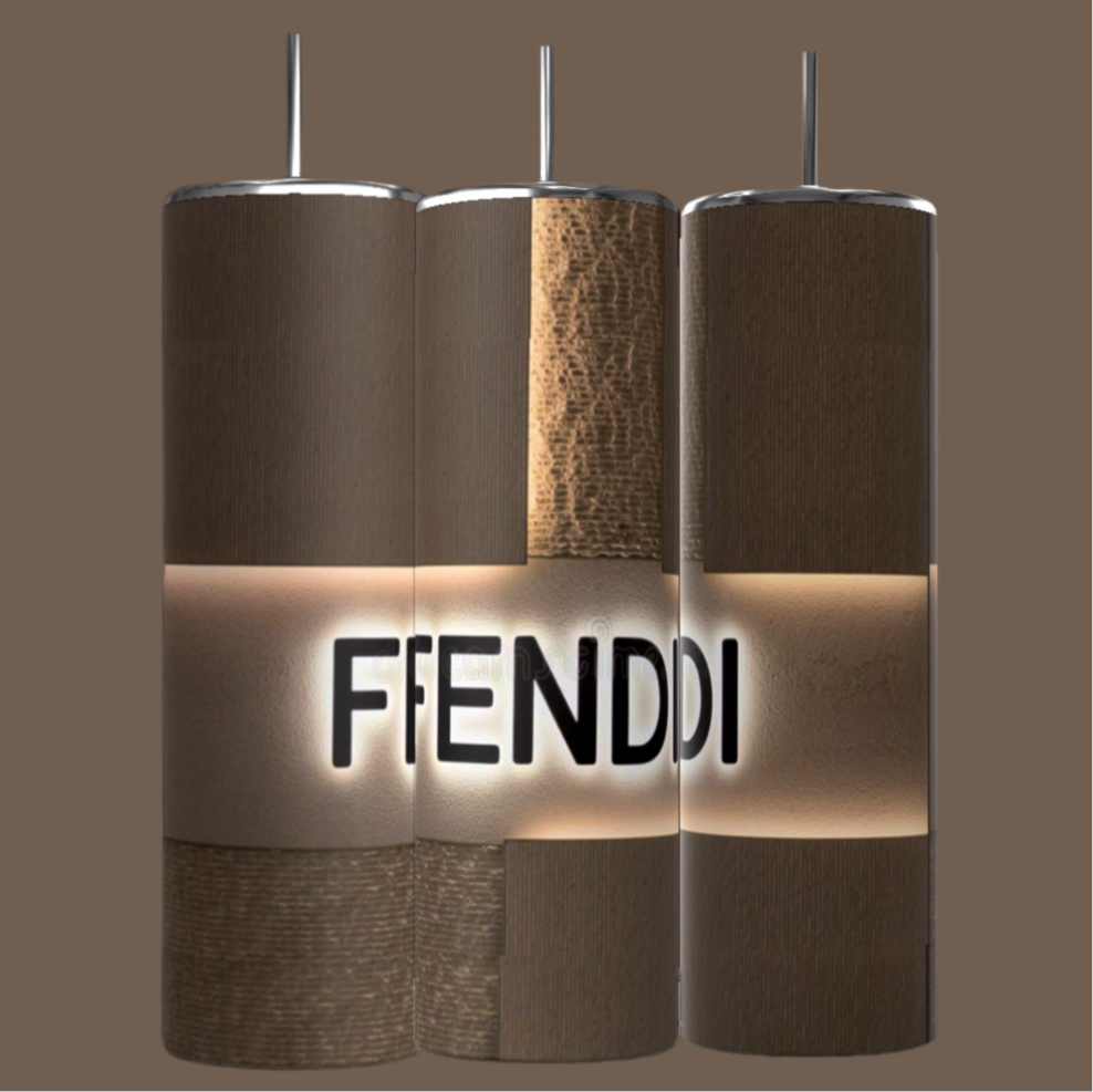 A group of cylindrical objects with text, including a Kreative Kreationz FENDI 20oz Skinny Tumbler, featuring double-wall insulation.