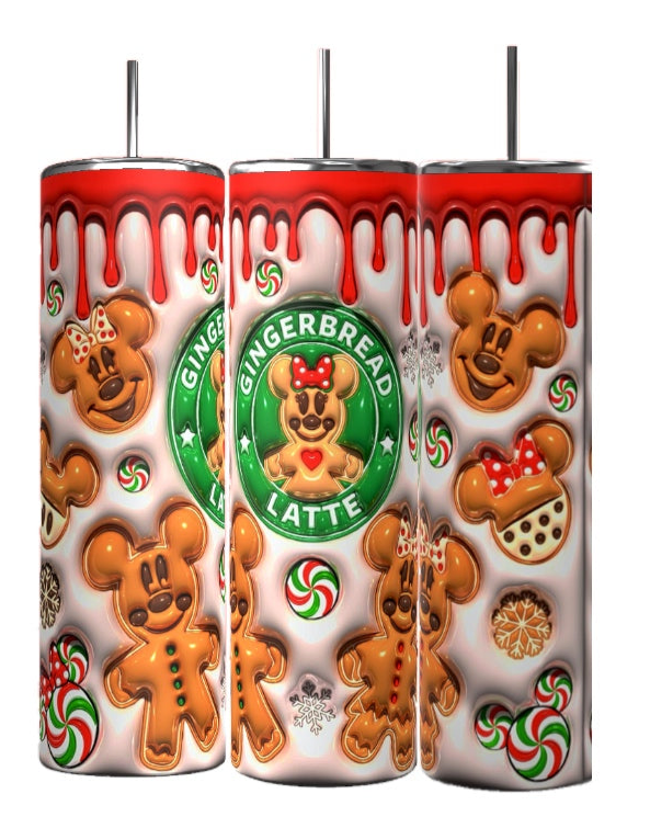 The Gingerbread Latte Puffy 20oz Tumbler by Kreative Kreationz features festive designs adorned with smiling gingerbread characters, candies, and a "Gingerbread Latte" emblem. These tumblers are exceptionally durable and each is topped with a charming holiday touch resembling dripping red icing.