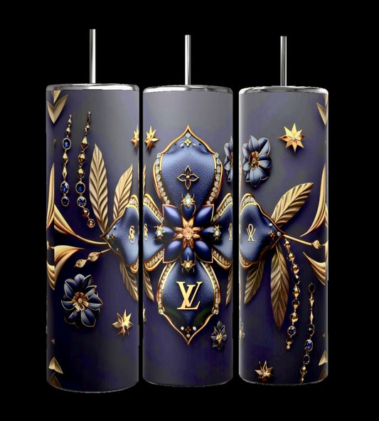 Three tumbler cups with dark blue backgrounds adorned with intricate gold and dark blue floral designs and leaves. The center tumbler, a 3D Design LV 20oz Skinny Tumbler by Kreative Kreationz, features a prominent "LV" logo near the base. These double-wall stainless steel tumblers exude a touch of luxury reminiscent of Dooney and Bourke craftsmanship.