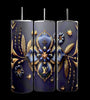 Three tumbler cups with dark blue backgrounds adorned with intricate gold and dark blue floral designs and leaves. The center tumbler, a 3D Design LV 20oz Skinny Tumbler by Kreative Kreationz, features a prominent 