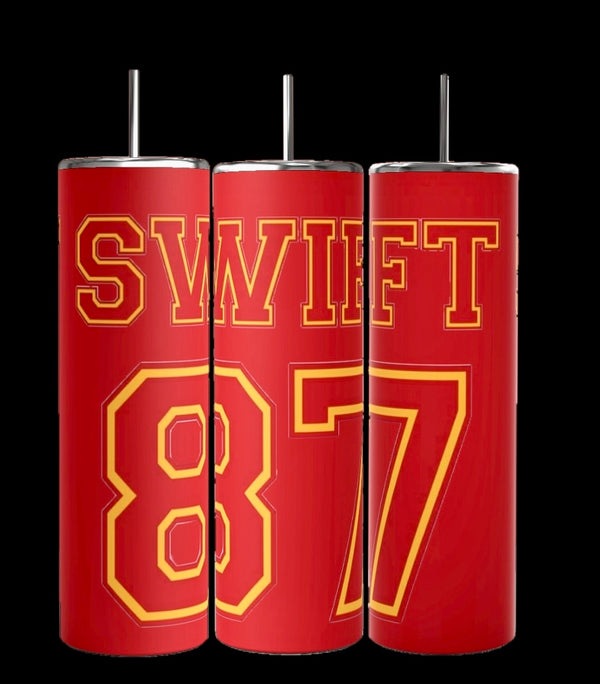 The Kreative Kreationz "87 Chiefs | Taylor Swift" 20oz Skinny Tumbler set includes three red insulated tumblers with silver lids and straws. Two tumblers spell "SWIFT," and the third features "87," making them perfect for fans while keeping drinks perfectly tempered all day.