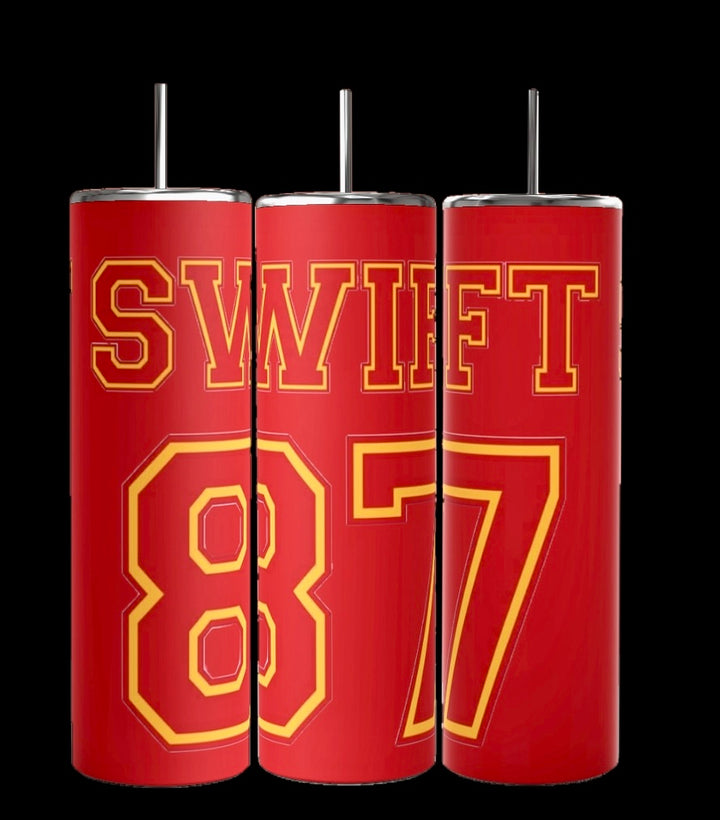 The Kreative Kreationz "87 Chiefs | Taylor Swift" 20oz Skinny Tumbler set includes three red insulated tumblers with silver lids and straws. Two tumblers spell "SWIFT," and the third features "87," making them perfect for fans while keeping drinks perfectly tempered all day.