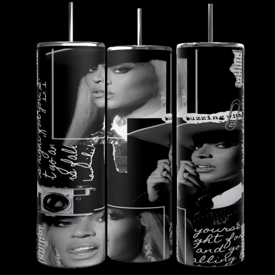 A set of three tall, glossy tumblers featuring a monochrome collage of Beyonce in various poses. The design includes handwritten text, a vintage camera graphic, and a white hat. These personalized cups have metal straws inserted on top and a black background.