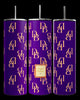 Three D&B -Purple 20oz Tumblers by Kreative Kreationz feature a vibrant purple background adorned with gold 