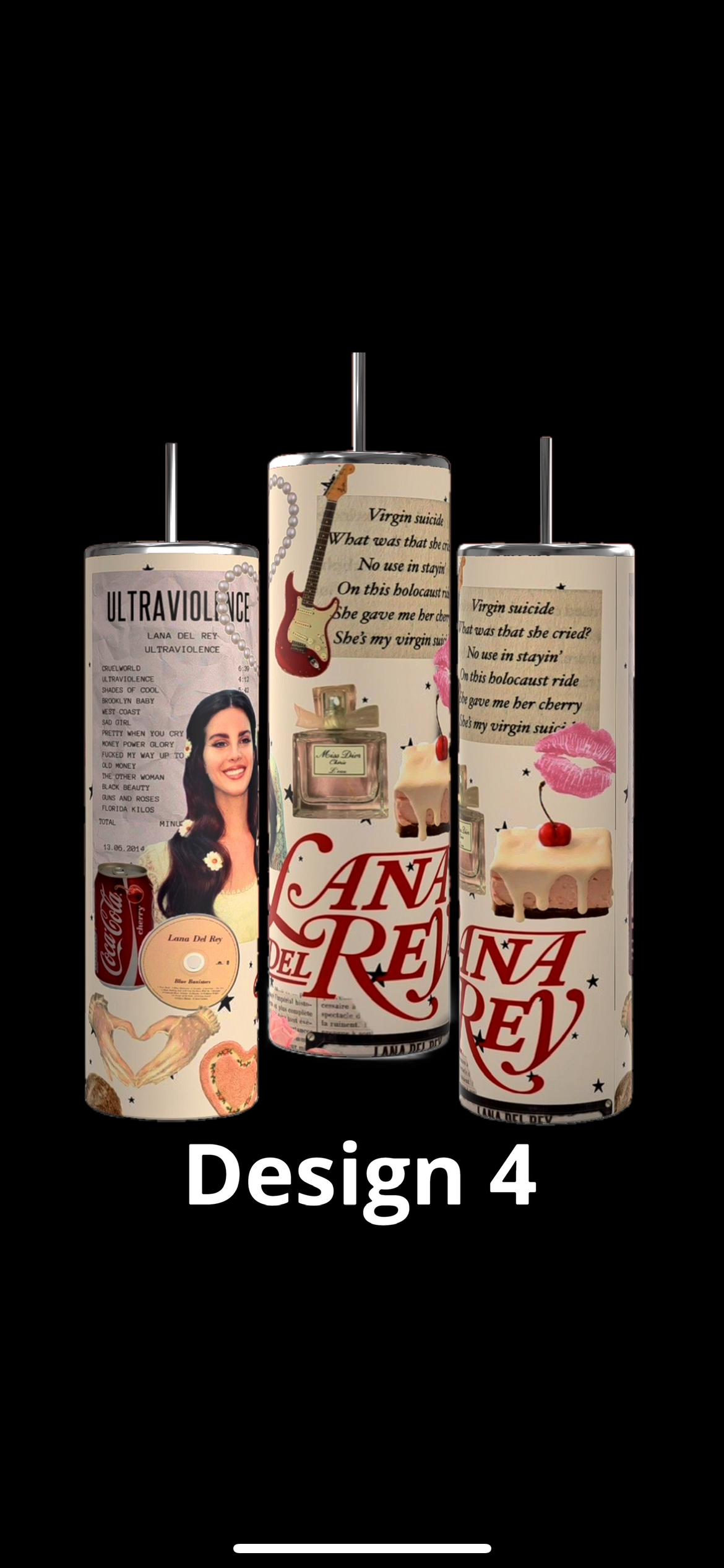 Lana Del Ray tumblers with collage designs, featuring images of guitars, sheet music, hearts, lips, and various magazine cutouts related to Lana Del Rey. The personalized cups have a black background and show different design options.