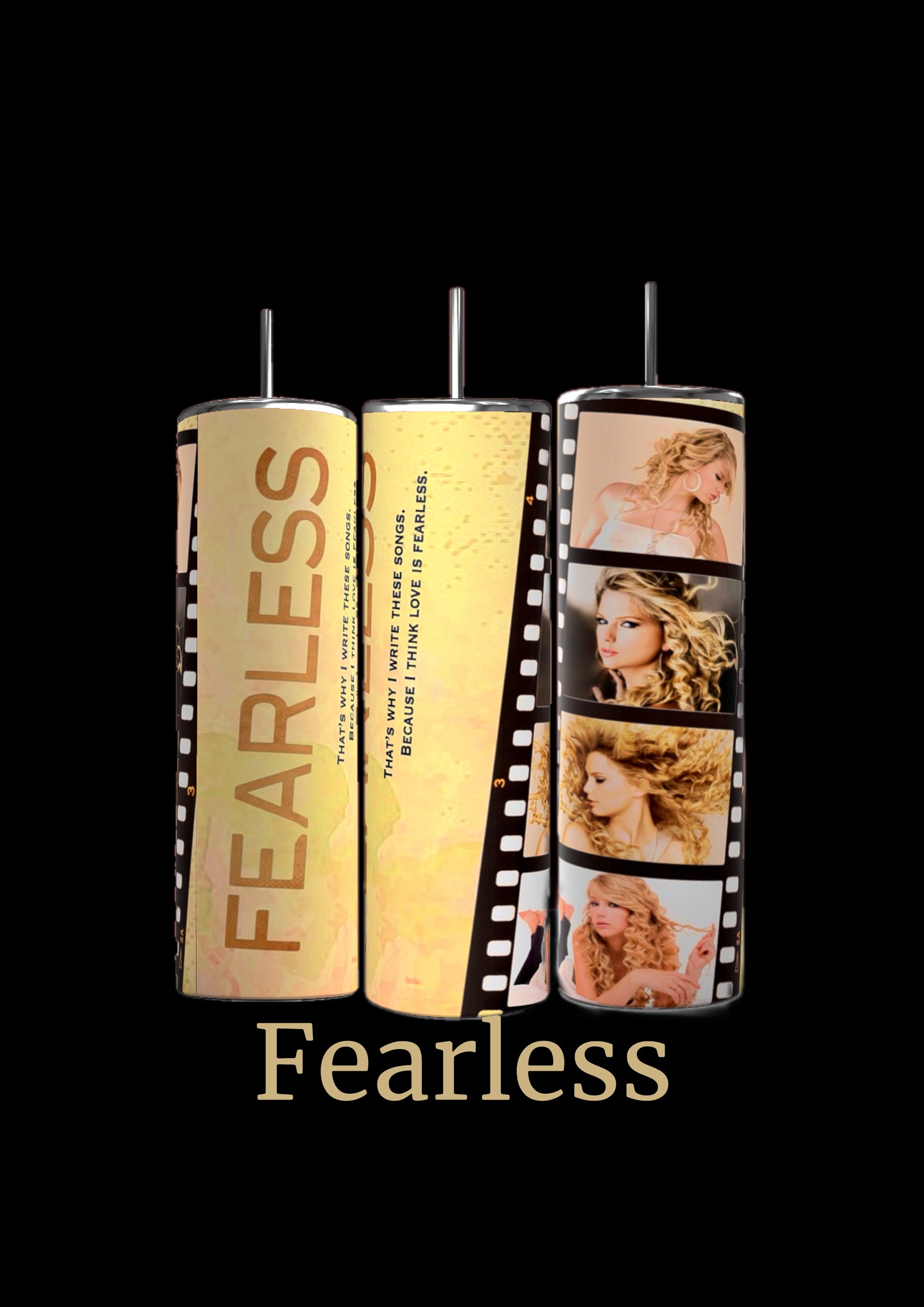 Image of seven cylindrical tumblers, each adorned with collage designs representing different Taylor Swift music albums. These Taylor Swift ERAS 20oz Tumblers by Kreative Kreationz are labeled "Debut," "Speak Now," "1989," "Lover," "RED," and twice as "Reputation." Each durable drinkware piece showcases photos and thematic elements from the corresponding album.