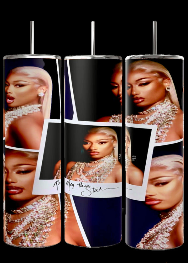 Three drinking tumblers are shown, each featuring multiple images of a person with blonde hair wearing a jeweled necklace. In the center, a photograph of the same person is overlaid with the hand-written text "May the Stallion." These Kreative Kreationz designed Dua Lipa Photo Collage 20oz Tumblers boast durable construction.