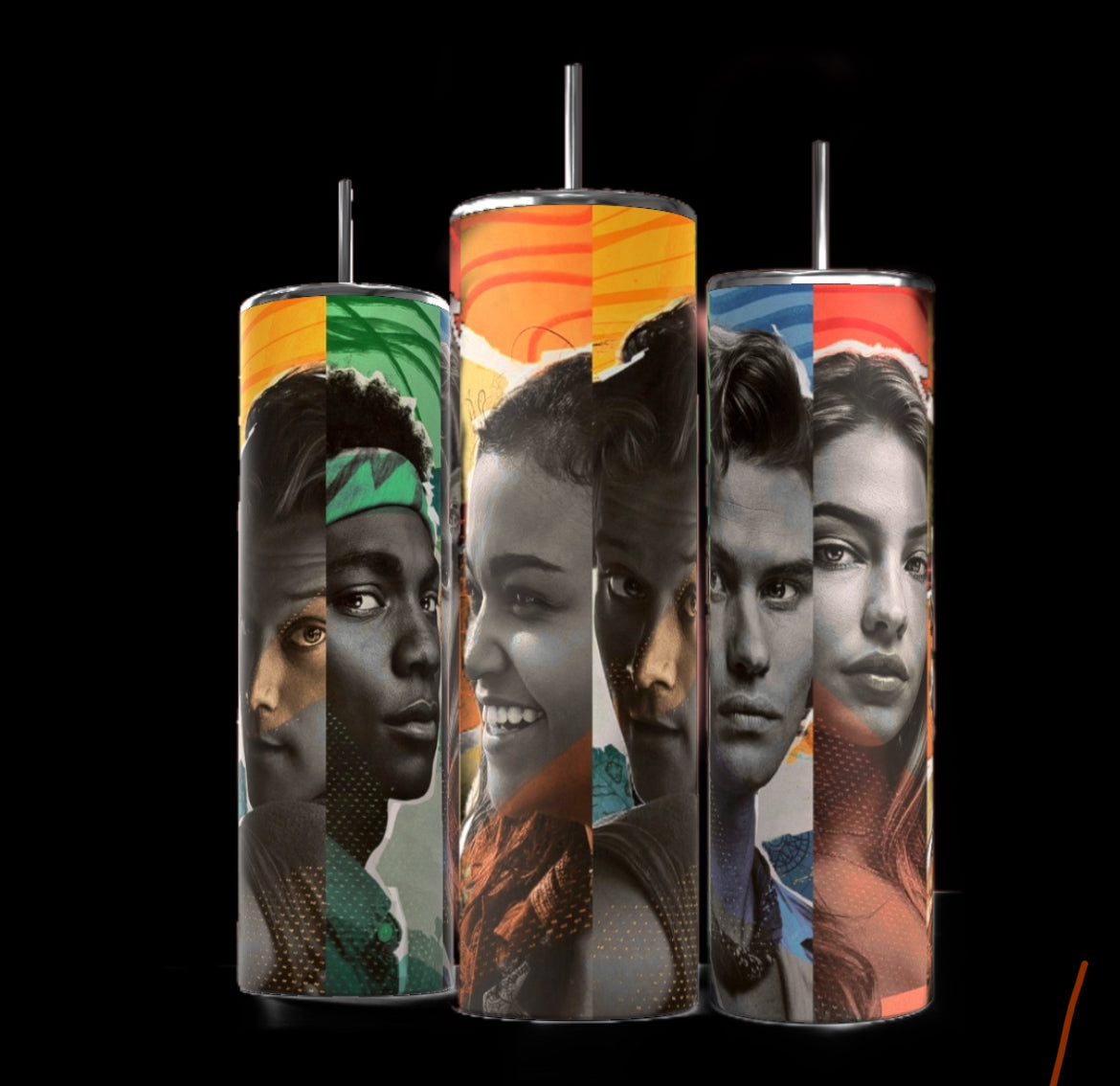 Three cylindrical tumblers, reminiscent of the popular Stanley design, are shown, each featuring a personalized collage of characters from the TV show "Outer Banks." The tumblers display the show's logo, character photos, and scenic backgrounds. They are arranged side by side on a white surface against a black backdrop.