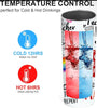 Discover the Betty B White 20oz Skinny Tumbler by Kreative Kreationz, featuring a spill-proof lid, stylish graphics with blue ice and red heat icons, and a reusable straw. It keeps drinks cold for 12 hours and hot for 6.