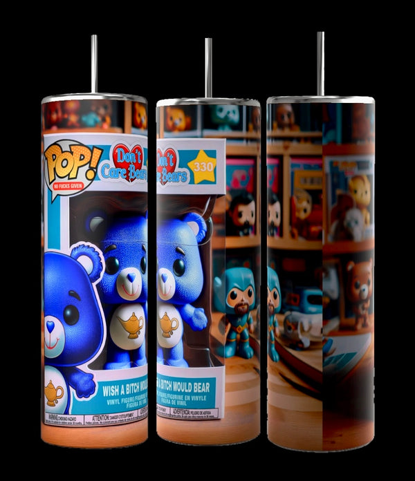 The Kreative Kreationz POP Wish a Bitch Would Bear | Don’t Care Bear 20oz Tumbler showcases three playful blue bear designs with double-wall insulation and a reusable straw, against colorful background figures on wooden shelves.