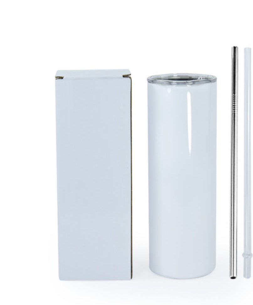 The All Too Well Short Film Poster 20oz Tumbler by Kreative Kreationz is displayed next to a plain white box. To the right, there is a silver metal straw and a clear plastic straw, each further elevating its usability. The tumbler's durable construction ensures long-lasting use and features a spill-proof lid for added convenience.