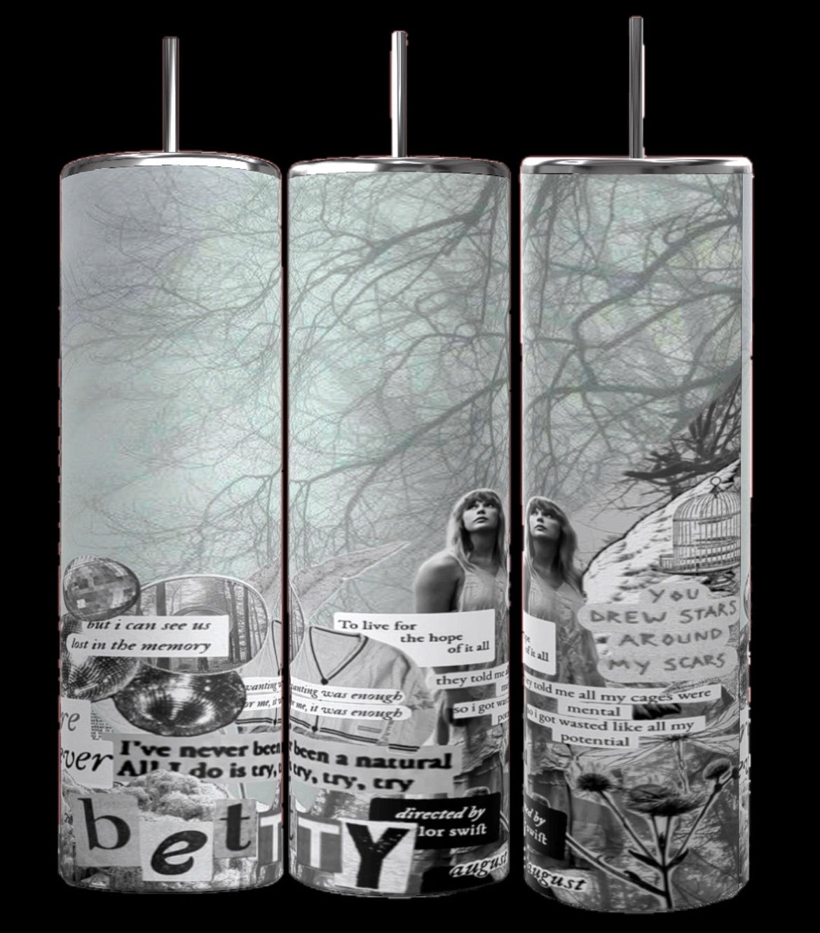 Three Folklore Taylor Swift 20oz Skinny Tumblers from Kreative Kreationz with monochromatic collage artwork depicting a forest background, intertwined branches, and cut-out text fragments featuring various quotes. Two partial portraits of a person are visible among the text and background imagery. Each tumbler includes a spill-proof lid and reusable straw.