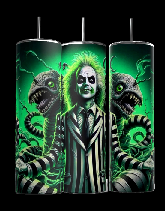 Three tall cylinders showing a 360° view of a beetle juice design on a tumbler