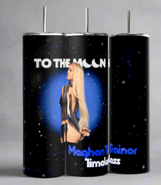 Kreative Kreationz offers the Meghan Trainor "To The Moon" 20oz Skinny Tumbler, featuring a space-themed design with a blonde woman in a futuristic outfit and "Meghan Trainor Timeless" text. Each tumbler includes a spill-proof lid for convenience.