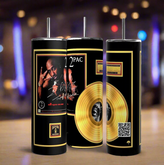 Kreative Kreationz offers three black stainless steel drinkware tumblers featuring album art and gold records. The 2Pac 20oz Tumbler showcases someone making a hand gesture, gold record graphics, and QR codes on a blurred blue-lit background.