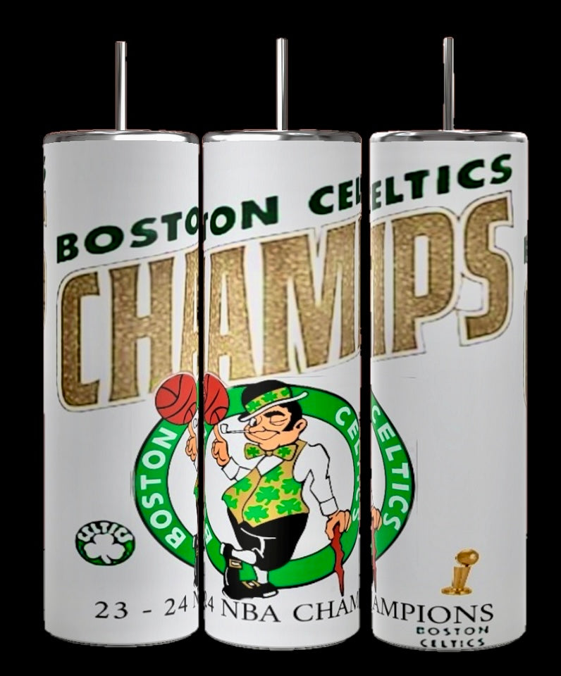 Three white travel tumblers are shown side-by-side. Each Celtics Champs custom 23-24 20oz Tumbler by Kreative Kreationz features a design celebrating the Boston Celtics as NBA champions for the 2023-2024 season. The personalized tumblers display the team logo, the text "CHAMPS" in large gold letters, and images of championship trophies.