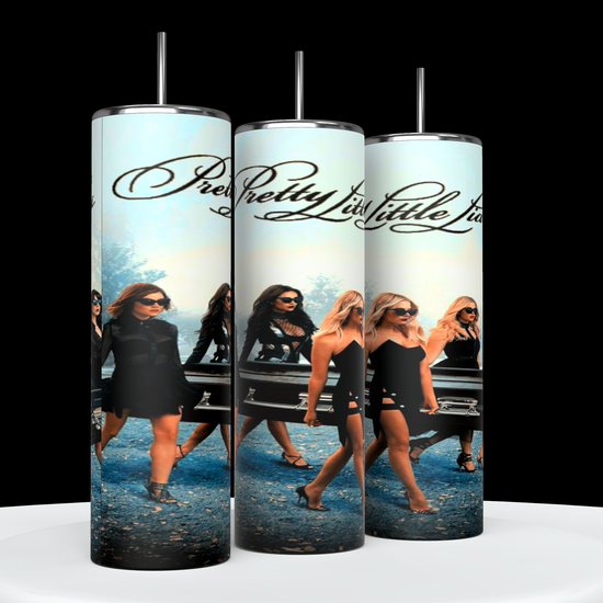 The PLL 20oz Tumblers by Kreative Kreationz feature an image and title from Pretty Little Liars. The design displays four women in black dresses and sunglasses walking confidently, with the show's title written in elegant script above them. These tumblers keep beverages hot or cold, making them perfect for any fan of the show.