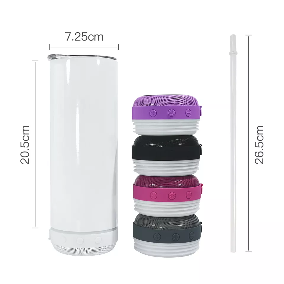 A hand holding a smartphone is shown to the left of a tall, cylindrical, white Kreative Kreationz Customized 20oz Bluetooth Tumbler. To the right of the tumbler, five small circular portable speakers in pink, blue, dark gray, black, and light gray are depicted. Musical notes are shown in the background.