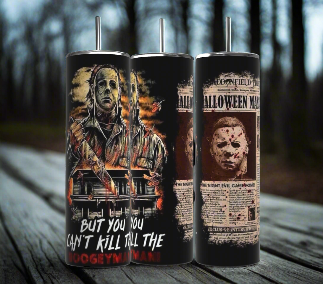 Three 20oz Halloween tumblers by Kreative Kreationz with horror-themed designs. The first, a Michael Myers | Halloween tumbler, depicts the masked figure in front of a house with "BUT YOU CAN'T KILL THE BOOGEYMAN" text. The second features him amidst flames, and the third has a newspaper-style design with Halloween text and the iconic masked figure.