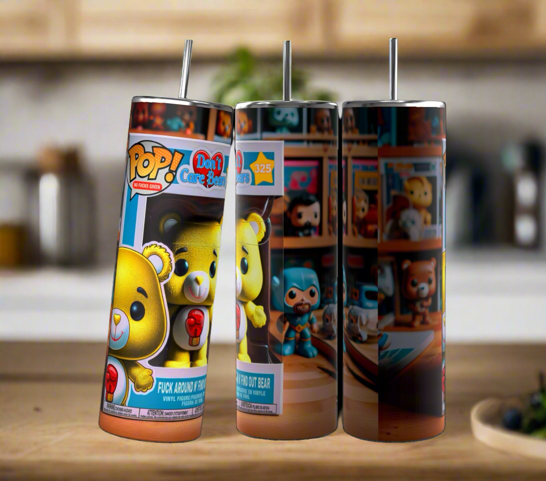 Three Kreative Kreationz 20-ounce skinny tumblers are on display, each adorned with colorful designs of collectible Funko Pop! figures. The left tumbler showcases the "FAFO Don’t Care Bear," the central tumbler features a superhero figure, and the right tumbler depicts a vivid, cluttered shelf. Each comes with a reusable straw and double wall insulation.