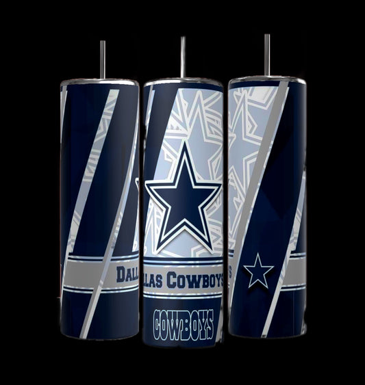 From Kreative Kreationz's NFL Collection, the Cowboys-20oz Skinny Tumblers display Dallas Cowboys branding with star logo and name on navy and silver stripes. Each has a spill-proof lid, a sleek black finish, and includes a silver straw.